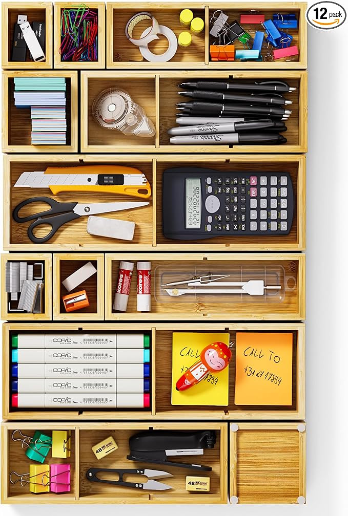 12-Piece Bamboo Desk Drawer Organizer Set – Adjustable Storage Boxes with 24 Compartments, Non-... | Amazon (US)
