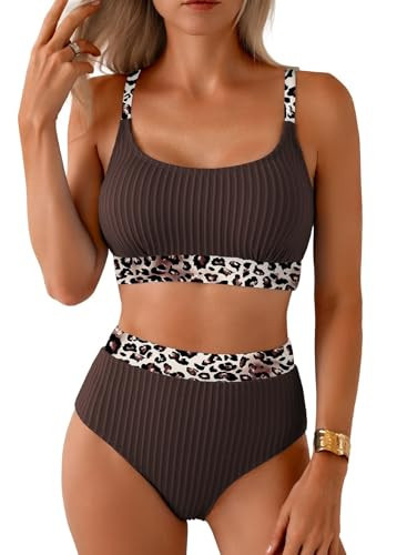 Herseas Women's Textured Bikini Sets Floral Trim Scoop Wire Free 2 Piece Swimsuits 2026 Summer High Rise Slimming Full Coverage Bathing Suits Cute Sporty Soft Chic Resort Wear Burgundy Medium | Amazon (US)