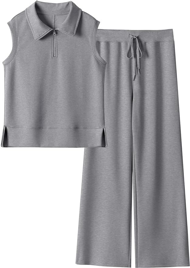 Caracilia Women's 2 Piece Lounge Sets Summer Casual Outfits Half Zip Lapel Sweatsuits Wide Leg Pa... | Amazon (US)