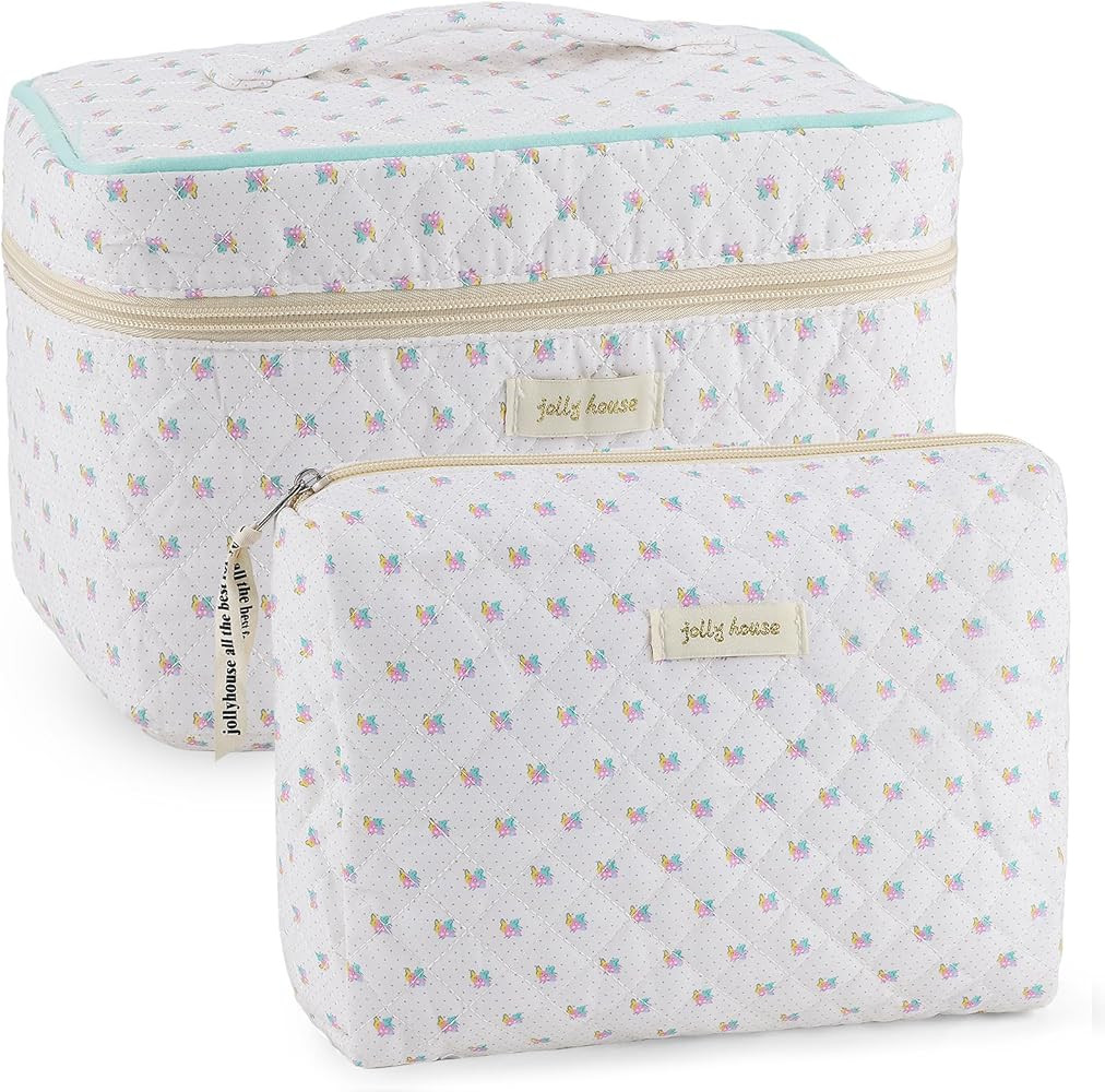 2Pcs Cotton Quilted Makeup Bag for Women Floral Travel Large Small Cosmetic Bag Set Big Cute Make... | Amazon (US)