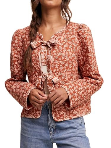 Yinawsky Women's Warm Quilted Jackets Floral Print Front Bow Tie Quilt Jacket Long Sleeve Padded Warm Outerwear(0304-RustRed-M) | Amazon (US)