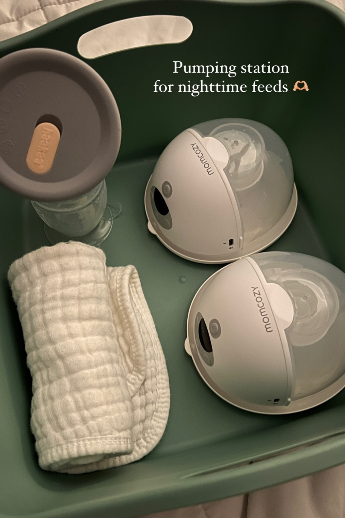 My pumping station for night time feeds! 
- bucket to put everything back into for easy clean up the next morning 
- momcozy pumps… literally THE BEST 
-haaka to pour everything into/ to put on the other breast while nursing to catch the letdown. I like this one because it suctions onto a surface so it won’t easily tip over AND it has a lid 🥰 
- burp cloth

I’ll probably add more to this as he grows but this is it for now! 🥰
My son is exclusively breastfed like my daughter was but I also pump to create a freezer stash for emergencies, if someone else is caring for him, if my supply were to drop or dry up for some reason, recipes, and more. 🥰 

#baby #babyboy #babyproducts #babymusthaves #newborn #newmom #secondtimemom #momhacks #babyhacks #babyclothing #amazon #amazonmusthaves #founditonamazon #summerbaby #infant 

#LTKbaby #LTKfamily #LTKhome