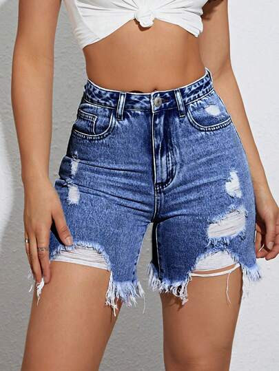 SHEIN EZwear Ripped Raw Hem Denim Shorts | SHEIN