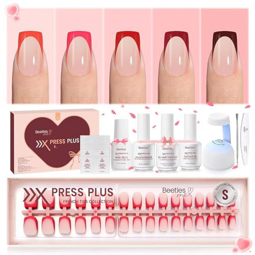 Beetles X Press Plus Red French Tip Nails - Crimson French | 5 Colors Press On Nails Short Square | 160Pcs 16 Sizes All-in-One Kit With Nail Glue,Remover,Builder Top Coat,Nail Lamp Gift | Amazon (US)