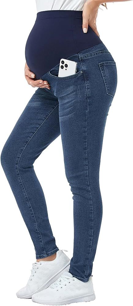 PACBREEZE Women's Maternity Jeans Over The Belly Slim Stretchy High Waist Denim Skinny Pants with... | Amazon (US)