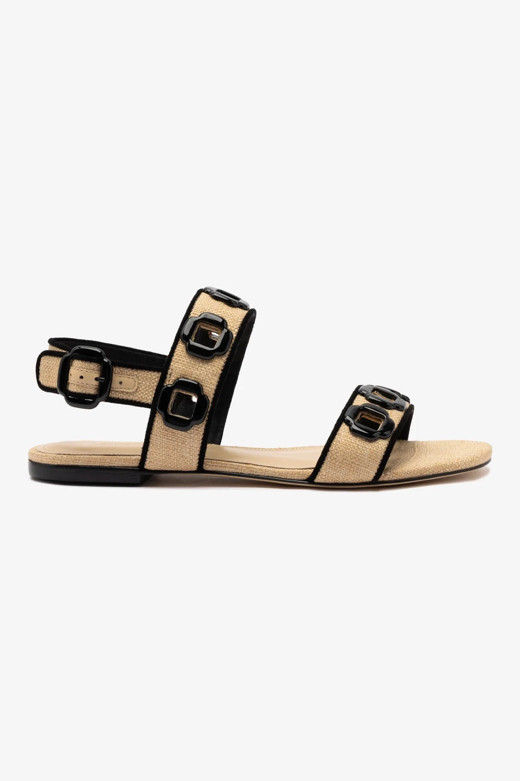Milan Flat Sandal In Beige Raffia and Black Trimming | Larroude