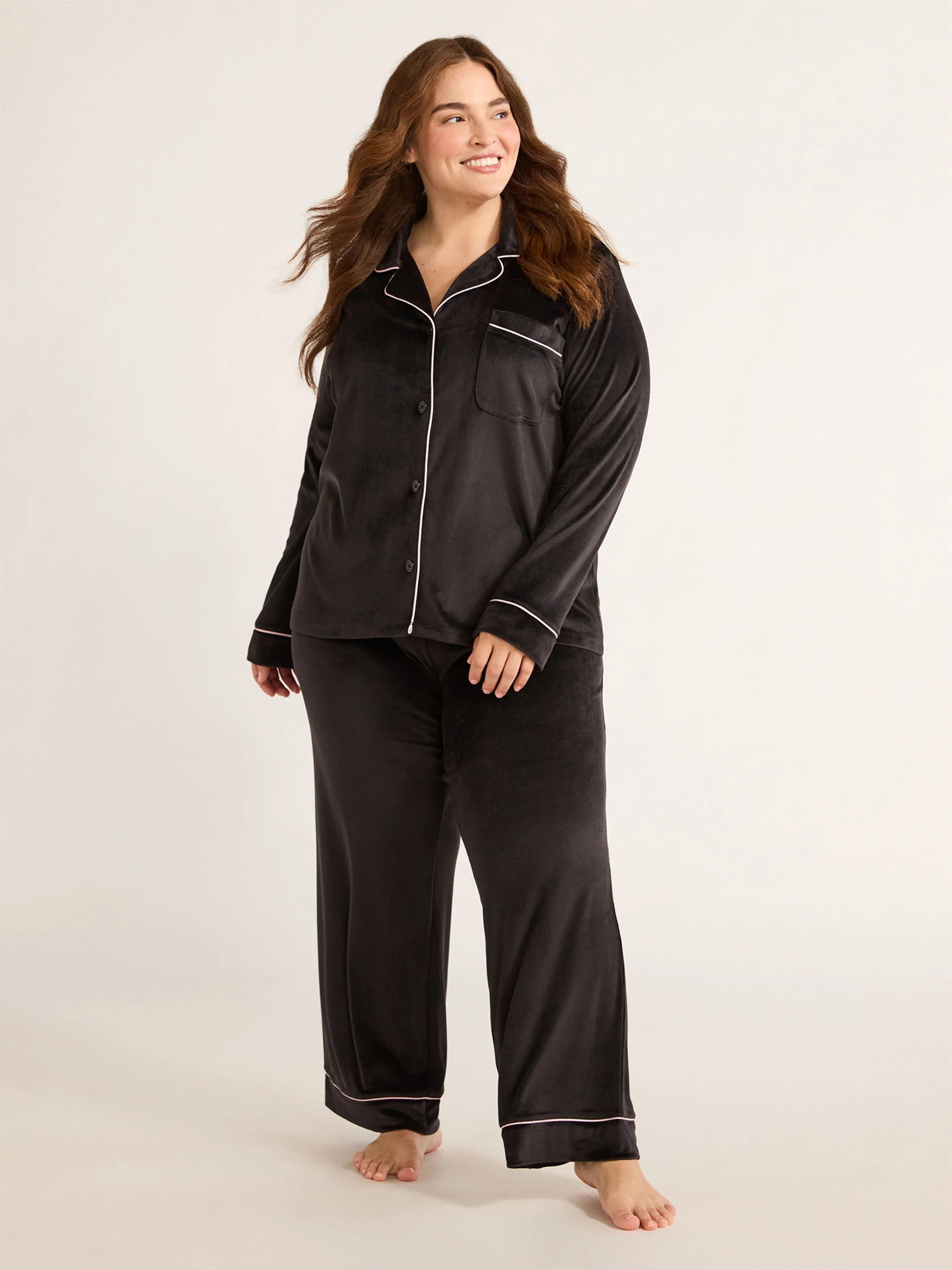 Joyspun Women's Velour Notch Collar Top and Pants Pajama Set, 2-Piece, Sizes S-3X | Walmart (US)