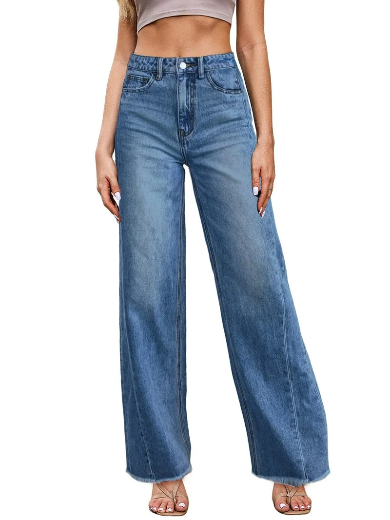 DOKOTOO Women's Wide Leg Jeans High Waisted Strechy Raw Hem Frayed Hem Denim Pants | Walmart (US)