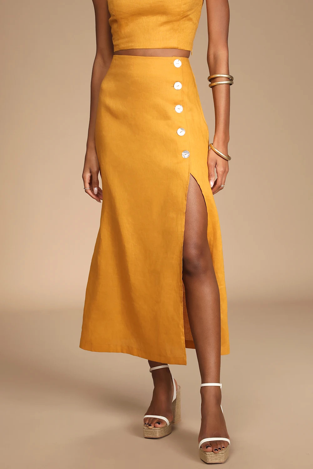 Caught in Cannes Mustard High-Waisted Side Button Midi Skirt | Lulus (US)