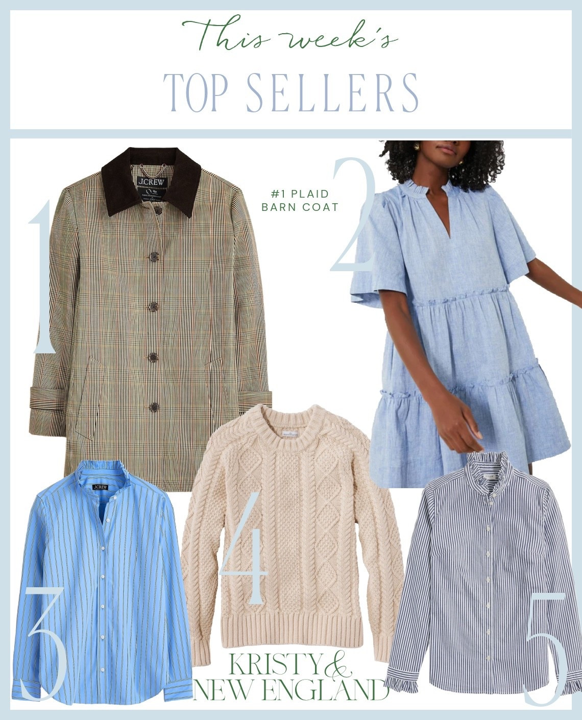 Top Sellers of the Week #1 Plaid Barn Jacket #2 Chambray Dress #3 Blue Ruffle Shirt #4 Fisherman Sweater #5 Ruffle Shirt Striped

#LTKFindsUnder100 #LTKOver40 #LTKSaleAlert