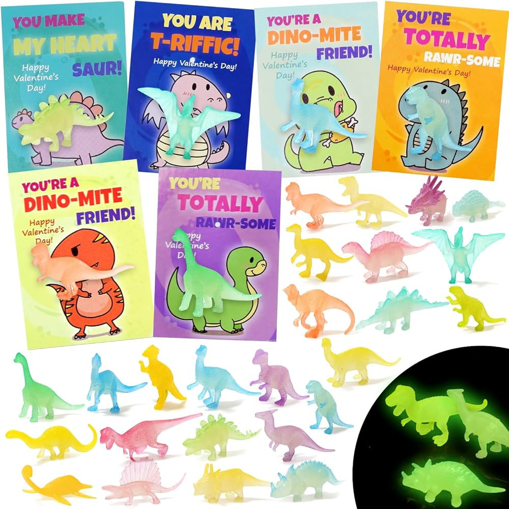 GoForward Valentines Cards for Kids School - 28pcs Glowing Dinosaur Mini Figures & Cards - Valent... | Amazon (US)