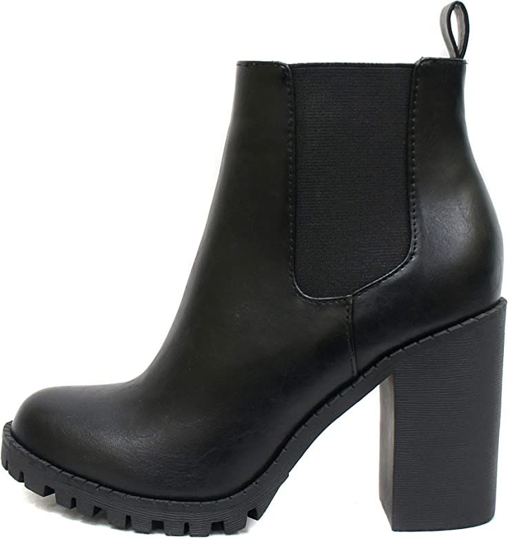 Amazon.com | Soda Glove - Ankle Boot w/Lug Sole Elastic Gore and Chunky Heel (5.5, Black (PU)) | ... | Amazon (US)