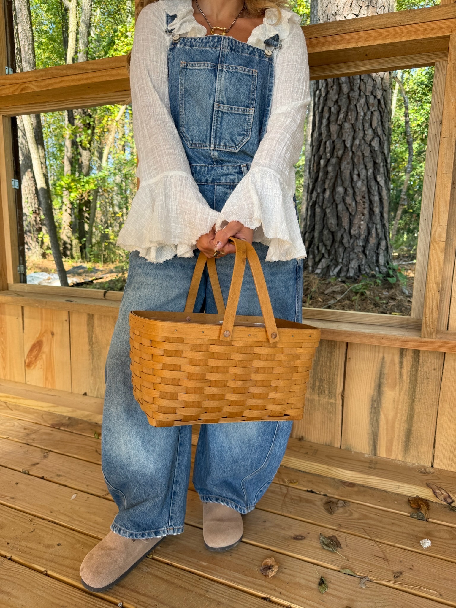 U-pick flower day calls for overalls 🌸 The barrel-leg shape is roomy without swallowing me at 5'2", and the gauzy ruffle-sleeve top underneath makes them feel a little romantic instead of farm chore. Suede clogs keep it comfy for wandering. Overalls: size S · Top: size S

Hashtags: #LTKstyletip #LTKover40 #LTKseasonal #LTKfindsunder100