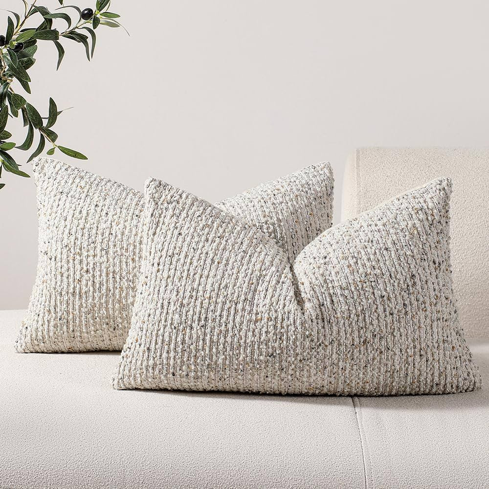 DEZENE Striped Throw Pillow Covers 12x20 Set of 2 Cream Grey Textured Boucle Chic Morden Boho Acc... | Amazon (US)