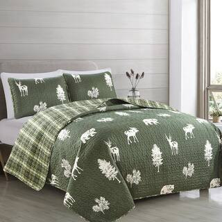Forest Green Full/Queen Reversible Premium Forest Themed 3-Piece Microfiber Quilt Set | The Home Depot
