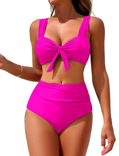 ZAFUL High Waisted Bikini Sets for Women Swim Suits 2025 Tummy Control Ruched Bikini Two Piece Bathing Suit Swimwear Hot Pink X-Large | Amazon (US)