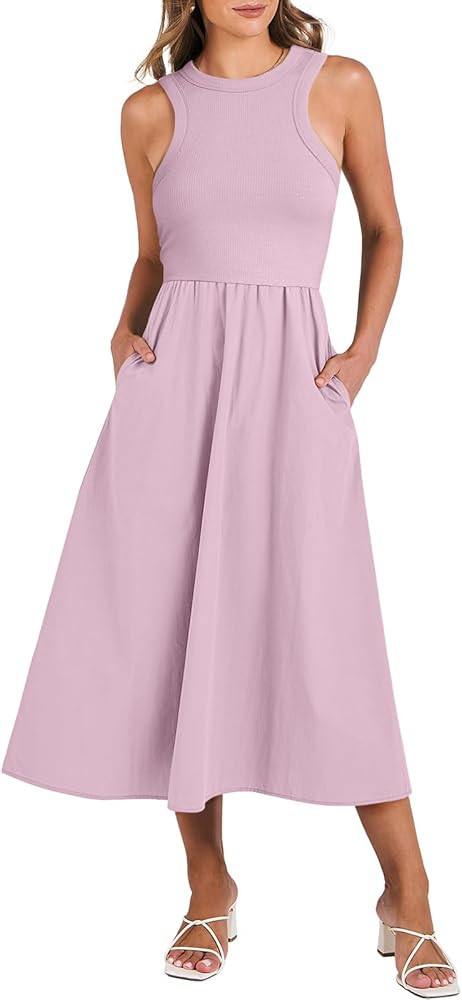 ANRABESS Women's Summer Casual Sleeveless Midi Sundress Knit High Neck Tank Top Racerback Flowy D... | Amazon (US)