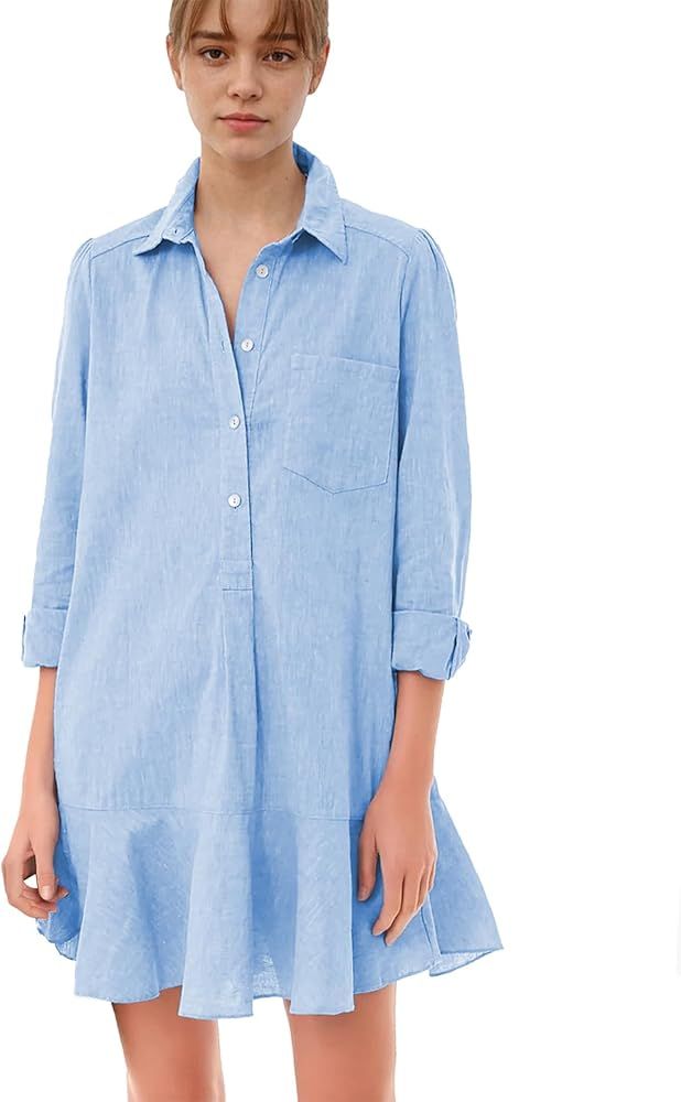 Tunic Mini Shirt Dresses for Women Button Up Long Sleeve Dress Chambray Callahan Ruffle Flowy Cas... | Amazon (US)