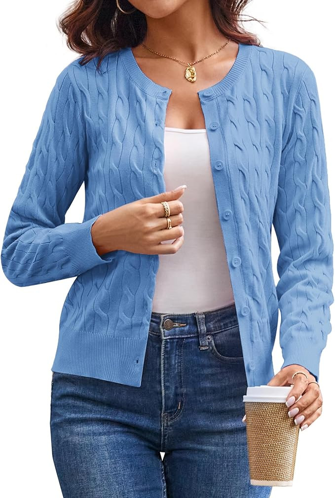 Womens Long Sleeve Button Up Cable Knit Cardigan Lightweight 2026 Crewneck Button Down Sweaters f... | Amazon (US)