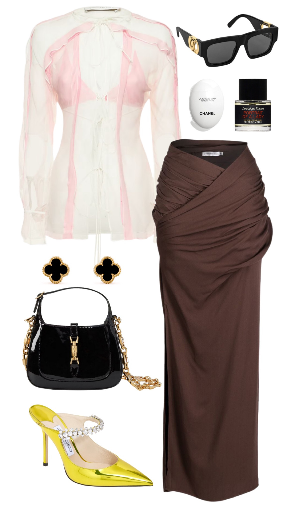 christopher esber top + skirt 
jimmy choo bing sandals 
gucci jackie 1961 bag 
louis vuitton sunglasses 
van cleef and arpels earrings 
frederic malle portrait of a lady perfume 
chanel hand cream 

#LTKFind #LTKSeasonal #LTKstyletip