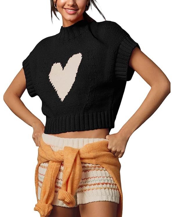 Cap Sleeve Sweater Tank Tops for Women Mock Neck Sweater Vest Cute Heart Knit Cropped Pullover To... | Amazon (US)