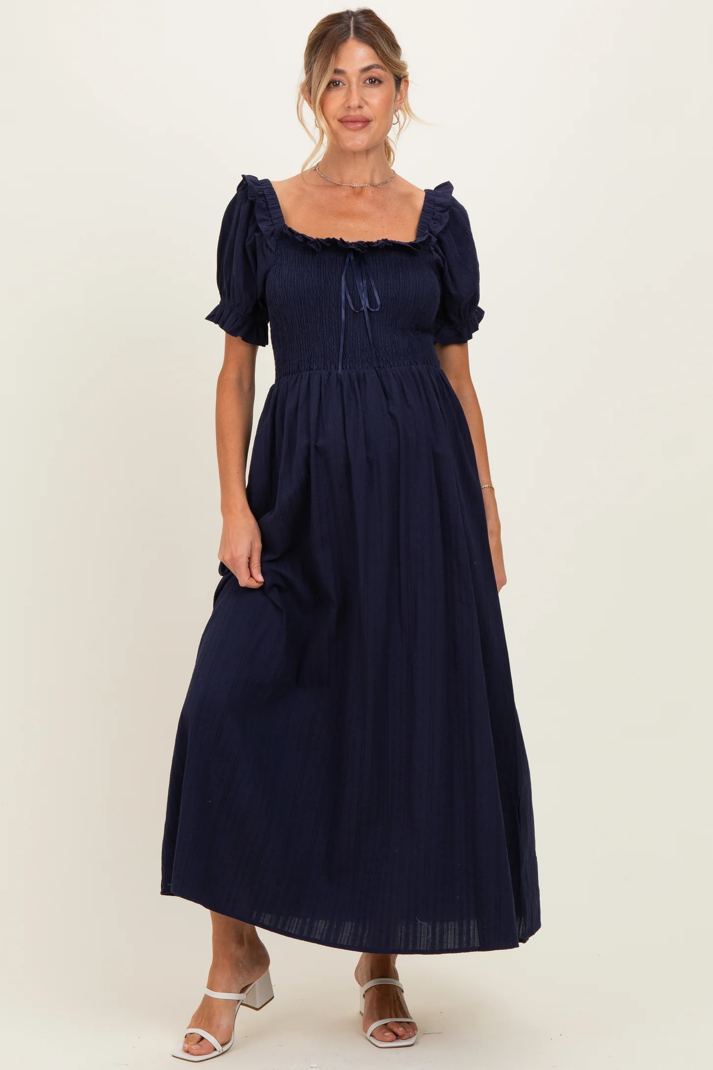 Navy Smocked Ruffle Accent Ribbon Tie Maternity Maxi Dress | PinkBlush Maternity