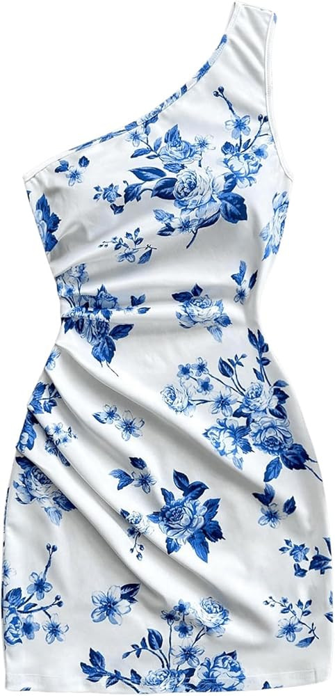 Floerns Women's One Shoulder Boho Floral Print Sleeveless Ruched Side Bodycon Mini Short Dress | Amazon (US)