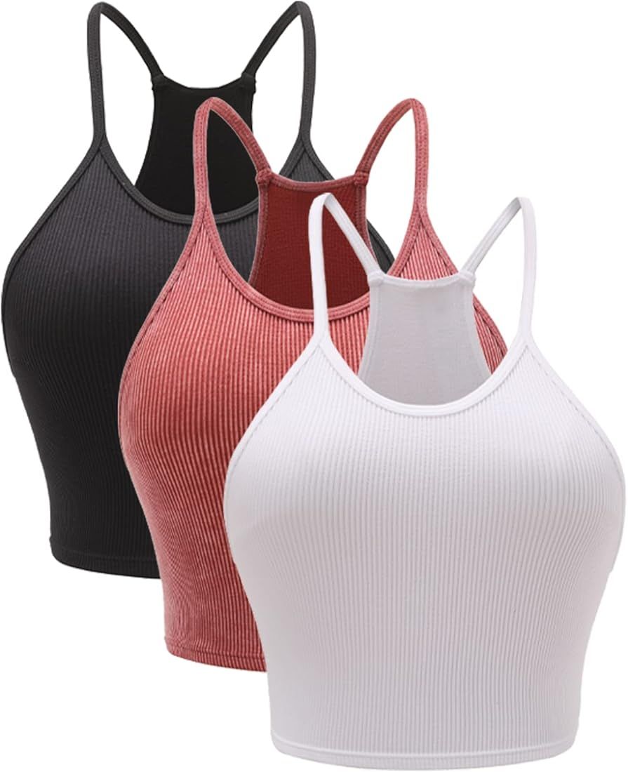 Attifall 3 Piece Ribbed Crop Tank Top for Women Seamless Racerback Spaghetti Strap Cami Workout Spor | Amazon (US)