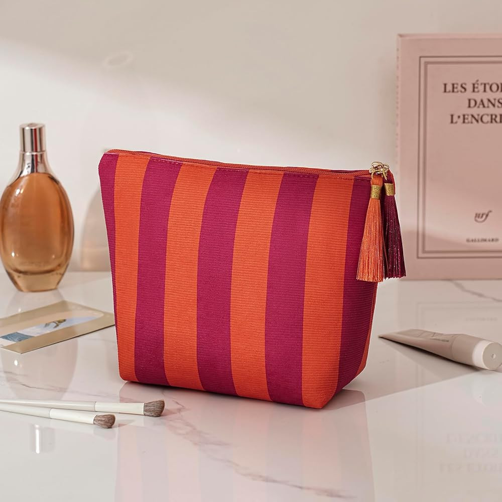 Corduroy Stripe Makeup Bag, Aesthetic Tassel Travel Cosmetic Bag with Zipper, Coquette Toiletry B... | Amazon (US)