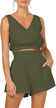 Eurivicy Women's 2 Piece Outfits Sleeveless Crop Tank Top and High Waist Pocketed Shorts Loose Su... | Amazon (US)