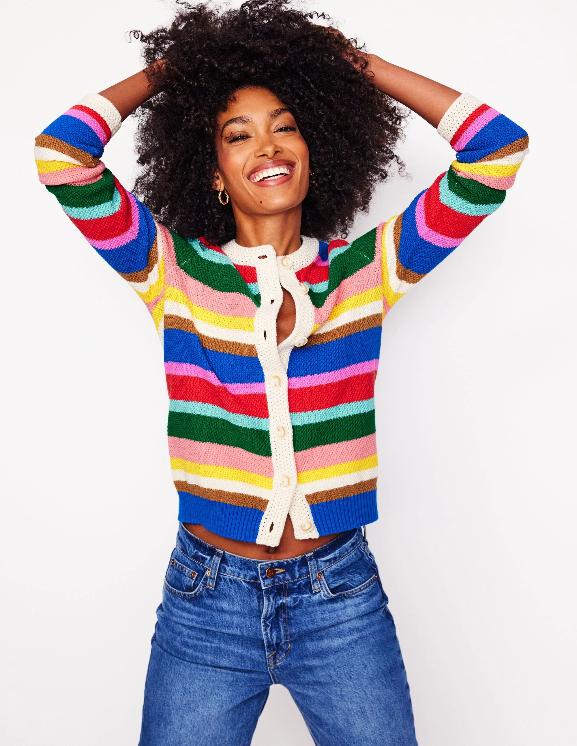 Callie Crochet Trim Cardigan-Bright Rainbow Stripe Large | Boden (US)