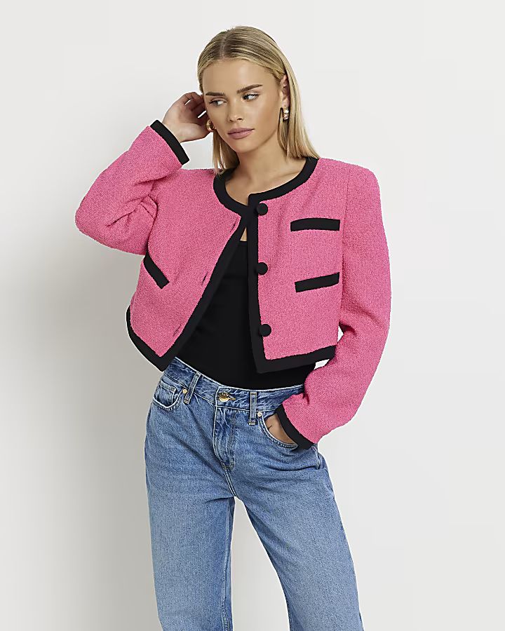 Petite pink boucle crop jacket | River Island (US)