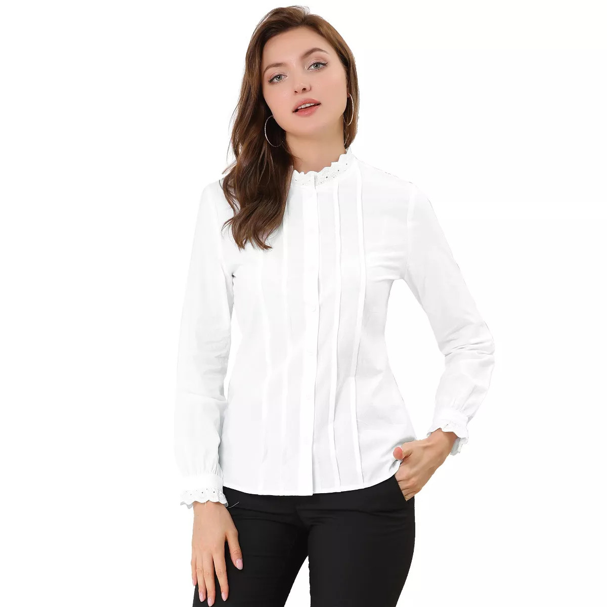 Allegra K Women's Mock Neck Ruffle Work Office Cotton Pleated Button Up Shirt | Target