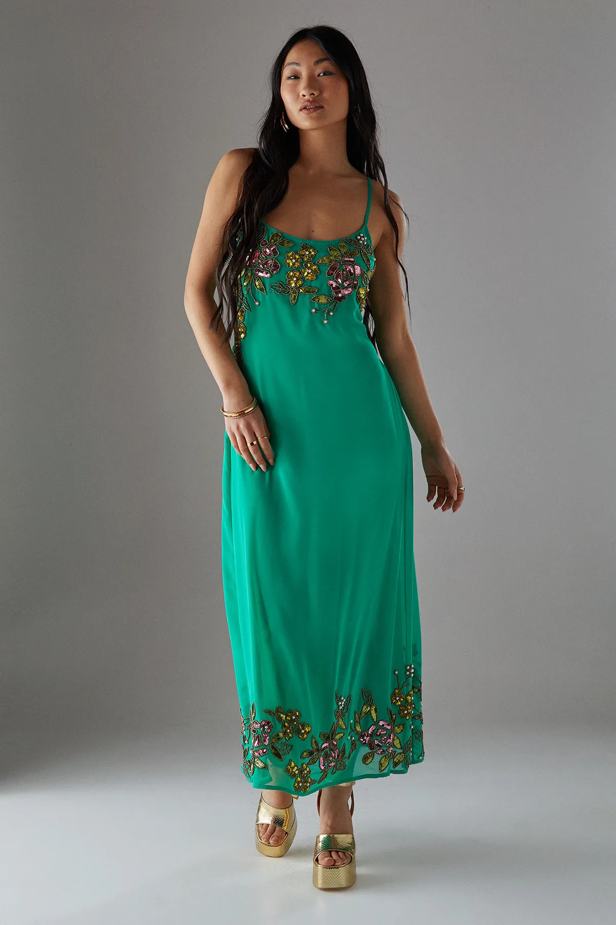 Dresses | Petite Hand Embellished Strappy Bias Midi Dress | Warehouse | Warehouse UK & IE