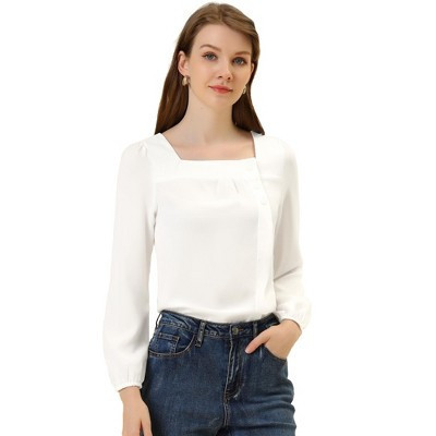 Allegra K Women's Casual Button Decor Long Sleeve Solid Square Neck Blouse White Large | Target