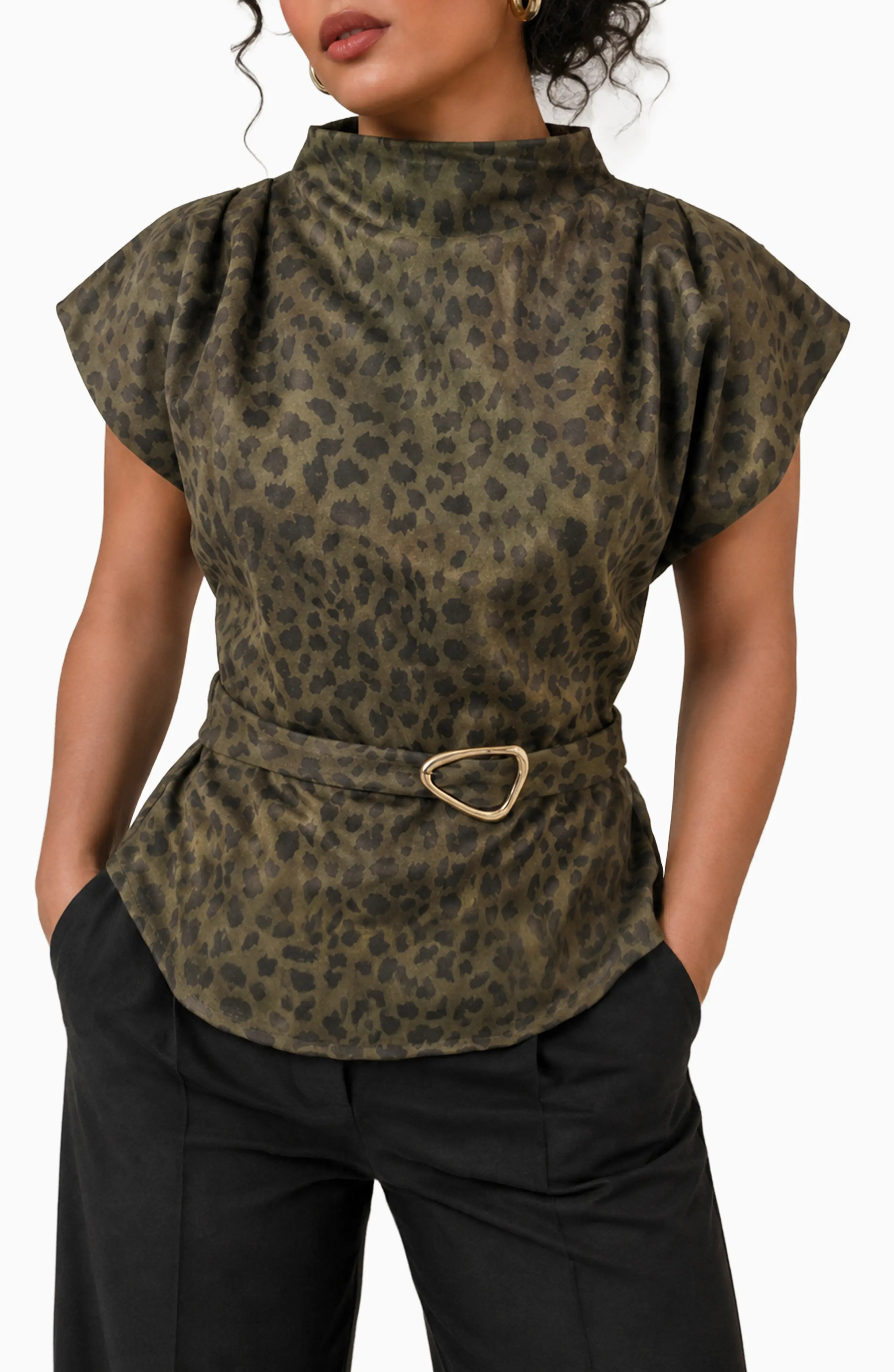 BY DESIGN Leopard Print Funnel Neck Belted Top in Green Cheetah at Nordstrom Rack, Size 1X | Nordstrom Rack