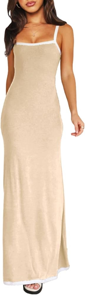 Summer Knit Maxi Dress Sleeveless Contrasting Edges Elasticated Straps Long A-Line Bodycon Slim D... | Amazon (US)