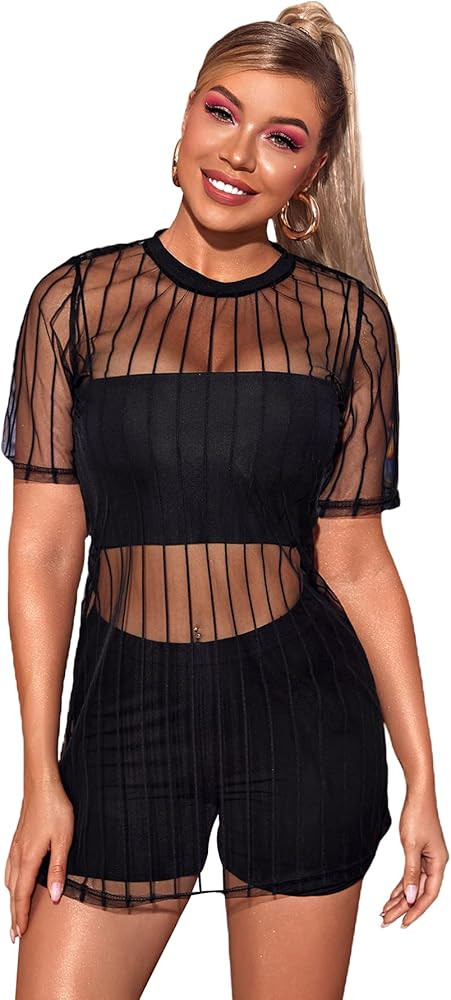 Verdusa Women's Sheer Mesh Tops Half Sleeve Longline Oversized T Shirt | Amazon (US)