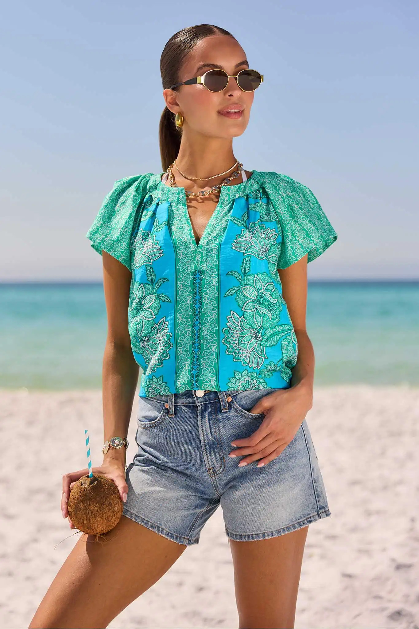 Sage Blue Printed Split Neck Top | Avara