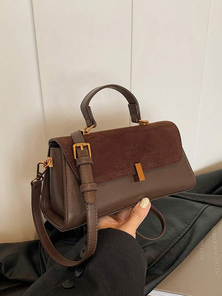 1pc Women Retro Suede-Like Fashion Handbag, PU Patchwork Shoulder Bag, Small Square Daily Work Purse, Business Casual Woman Bag Perfect For Office Business And Work, New Autumn And Winter Women Bag, Best Fall Purse, Newest Fashionable Suede Bag For Women, Perfectly Matching With Fall Outfits Women Fall Clothes For Women | SHEIN