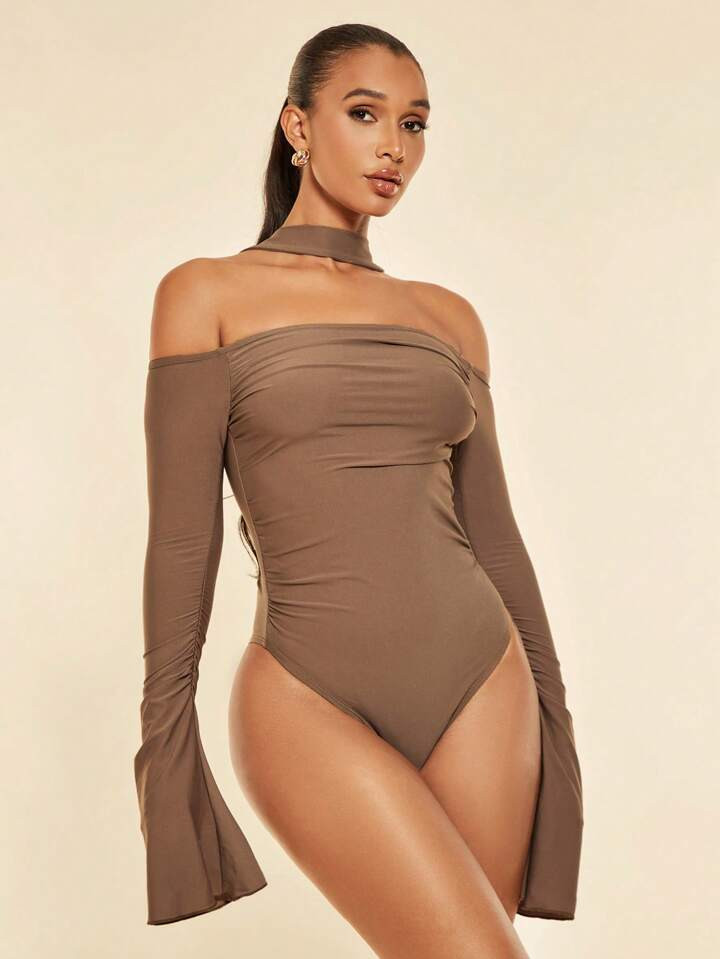 SHEIN BAE Halter Neck Flare Sleeve Ruched Bodysuit | SHEIN