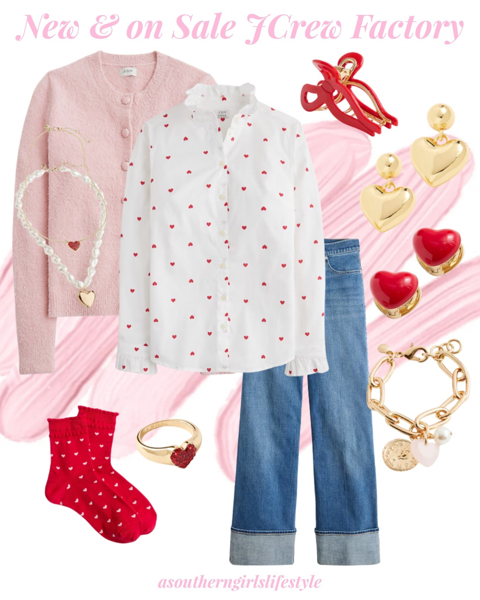 New & on Sale JCrew Factory! Valentines to anytime for us heart gals! 

Pink Boucle Cardigan, Ruffle Heart Button Down, Wide Leg Cuff Jeans, Pave Heart Necklace, Pearl Heart Necklace, Bow Claw Clip, Gold Heart Earrings, Red Heart Earrings, Charm Bracelet, Pave Heart Ring & Scalloped Heart Socks 

Winter Outfits Women. Valentine’s Day. Casual Outfit. Preppy 

#LTKFindsUnder100 #LTKSeasonal #LTKSaleAlert