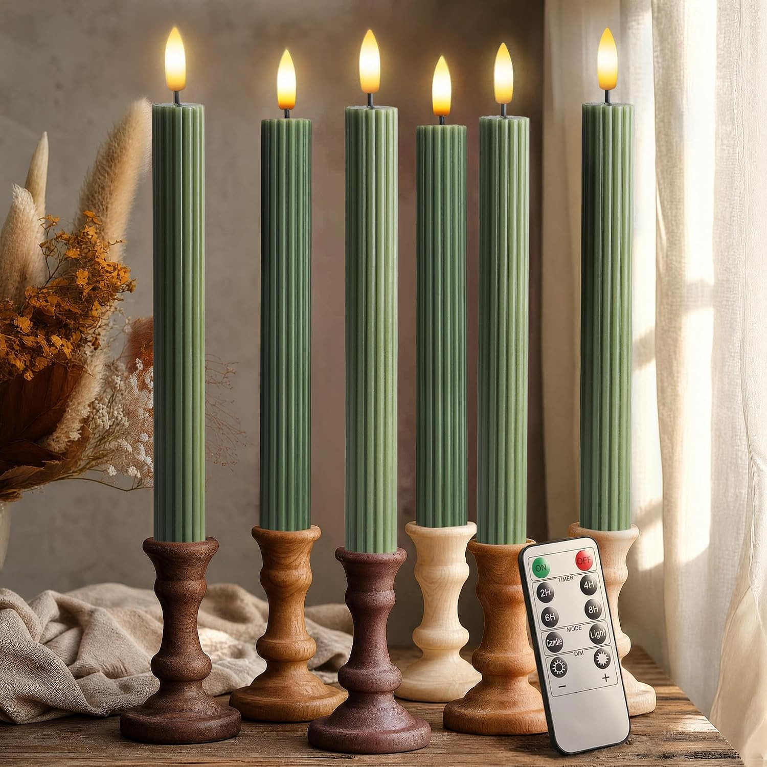 6 Pack, 10" LED Flameless Real Wax Sage Olive Loden Green Fluted Ribbed Grooved Taper Candles, Remote & 24h Timer Memory, On/Off Button, Dimmable, Flicker Mode, Battery Operated, Wedding | Amazon (US)