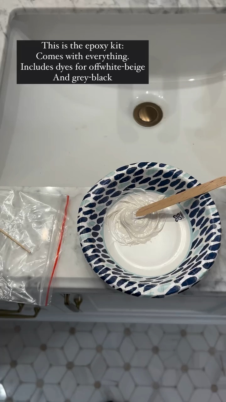 Tub repair kit! This worked amazing! This is the epoxy kit: 
Comes with everything. 
Includes dyes for offwhite-beige 
And grey-black