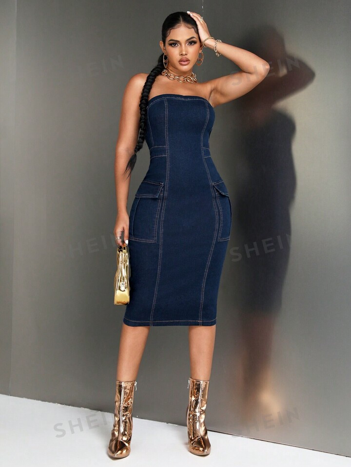 SHEIN SXY Flap Pocket Tube Bodycon Denim Dress | SHEIN