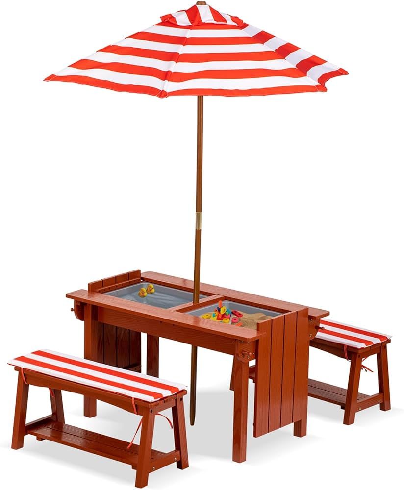 BRINJOY Kids Picnic Table with Umbrella, Outdoor Wooden Table & Bench Set w/Cushions & 2 Removabl... | Amazon (US)