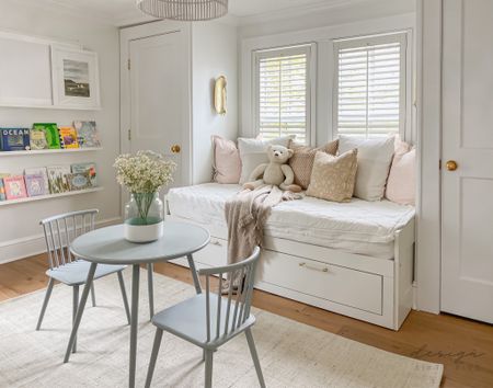 Arden’s room 🤍 LOVE the new rug in here — such great texture and mix of colors! Has the look of sisal but so soft and plush. Table & chairs are painted benjamin moore boothbay gray. 

Girls room decor , blush and light blue 

#LTKkids #LTKhome