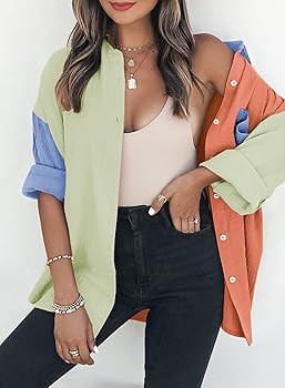 Dokotoo Womens Color Block Button Down Shirts Long Sleeve Oversized Boyfriend Blouses Tops | Amazon (US)