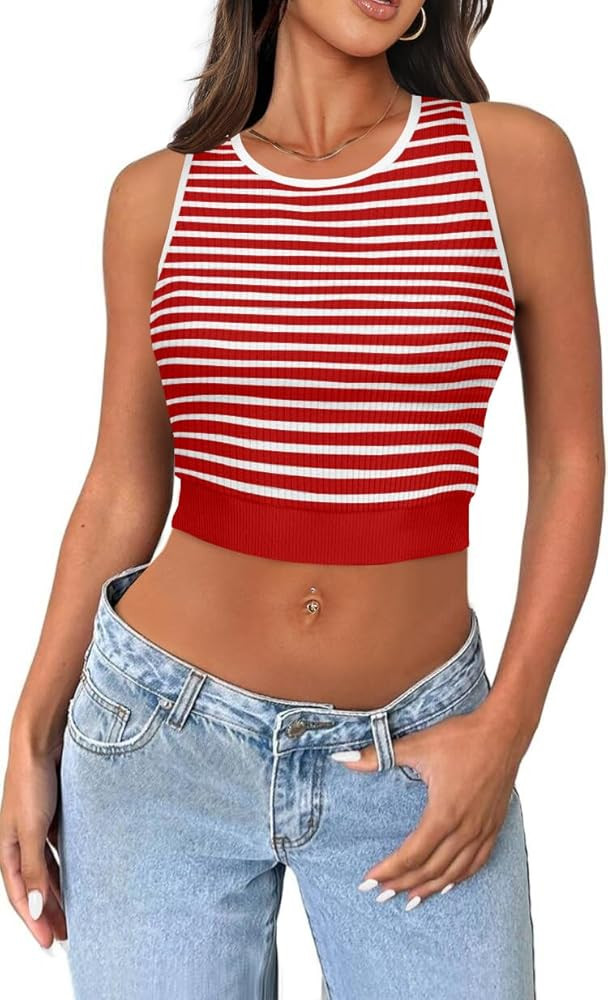 MEROKEETY Women's Summer Ribbed Knit Crop Tank Tops Y2K Striped Sleeveless Tanks | Amazon (US)