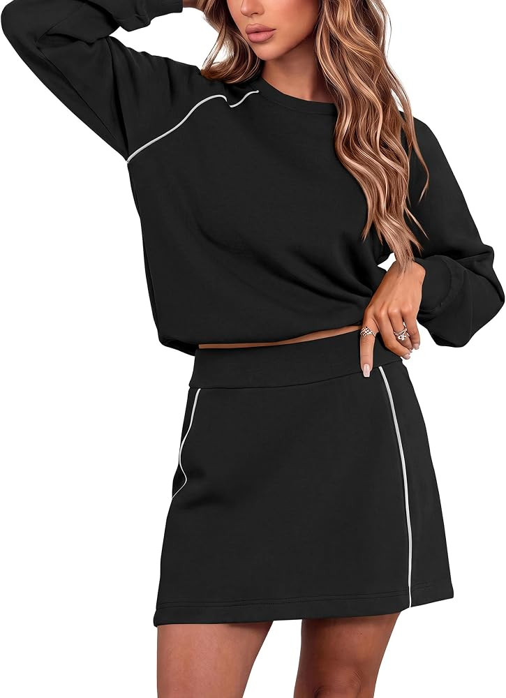 PRETTYGARDEN Women's Two Piece Airport Outfits Matching Skirt Sets     Color Block Long Sleeve To... | Amazon (US)